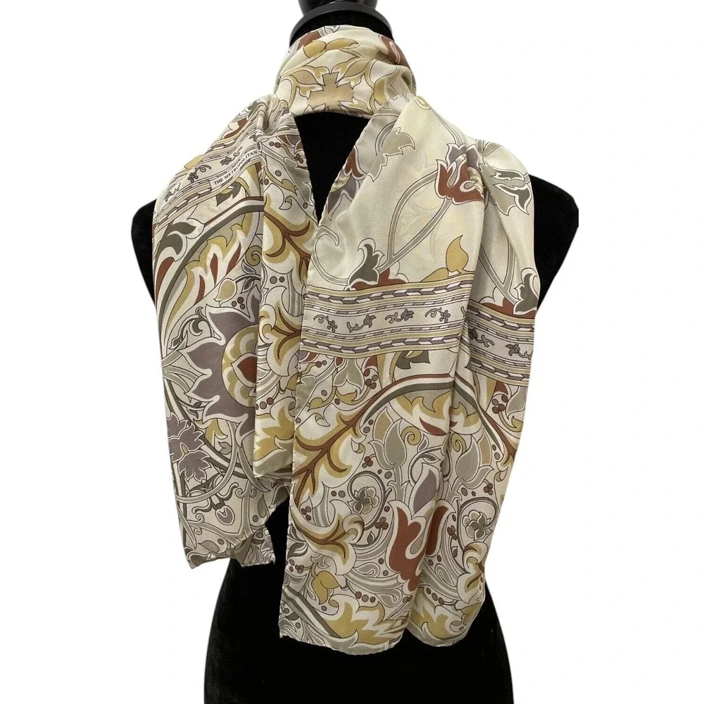 Metropolitan Museum Of Art Womens‎ Scarf One Size Beige Mod Art Floral Leaf Silk